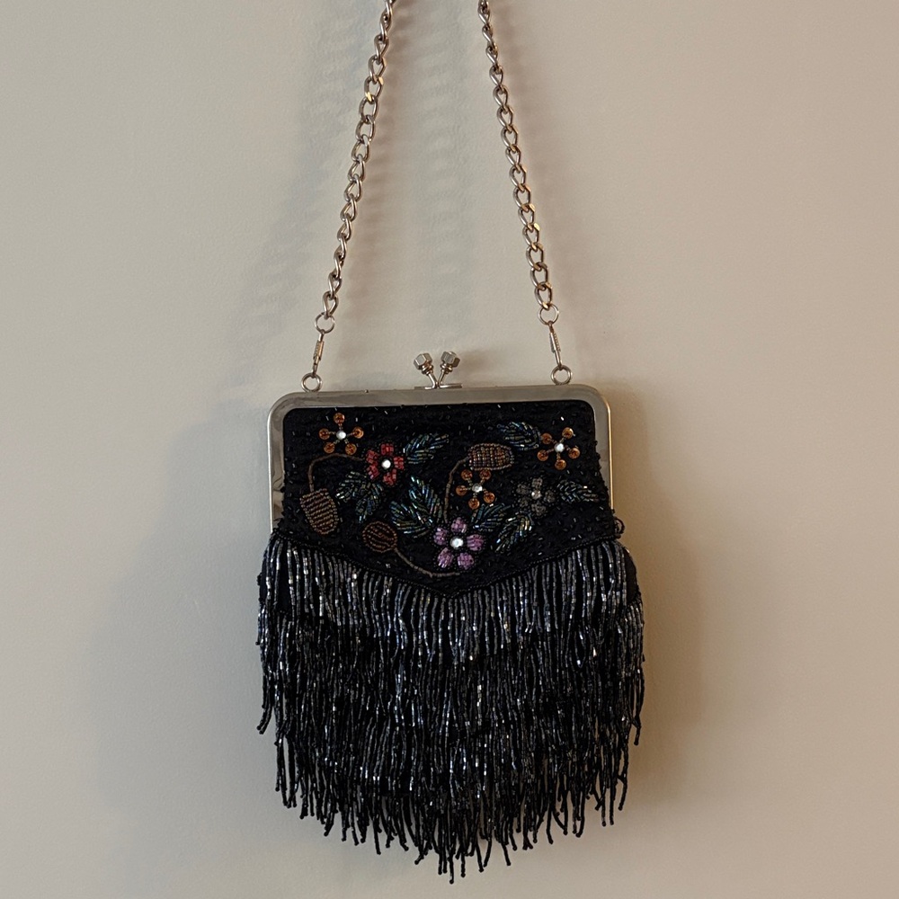 Elegant Black Beaded Fringe Evening Bag